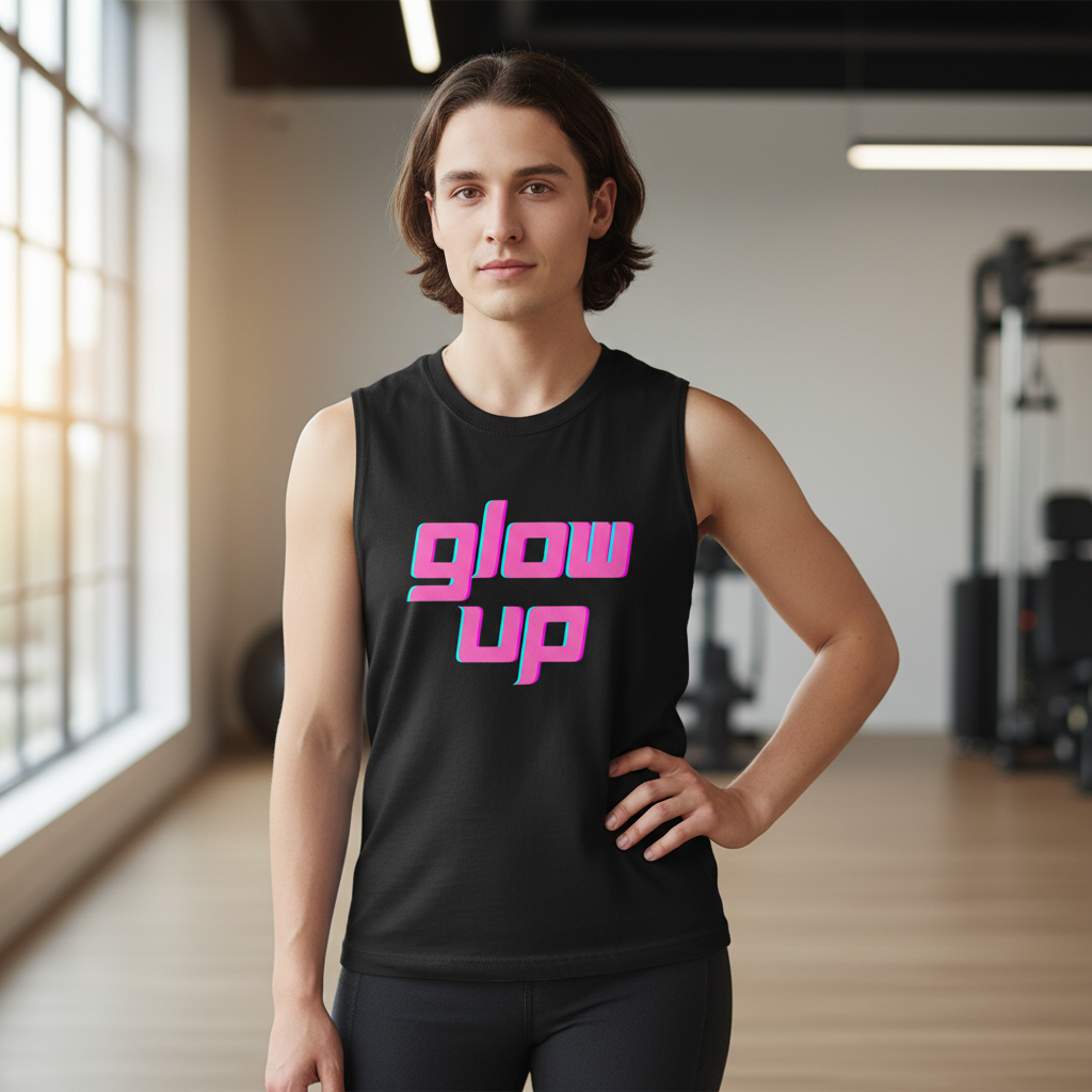 Glow Up Muscle Top with "glow up" in bold pink lettering, worn by a person in a sunlit gym with large windows and equipment