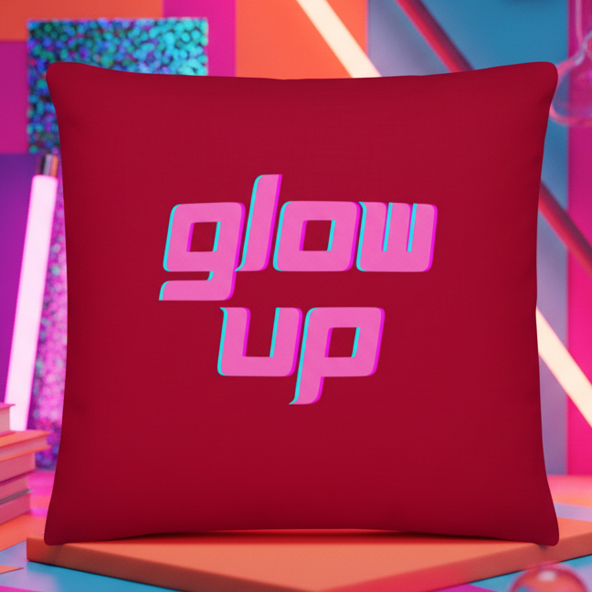 Red decorative cushion featuring white and pink 3D retro "glow up" text, vibrant geometric shapes, books