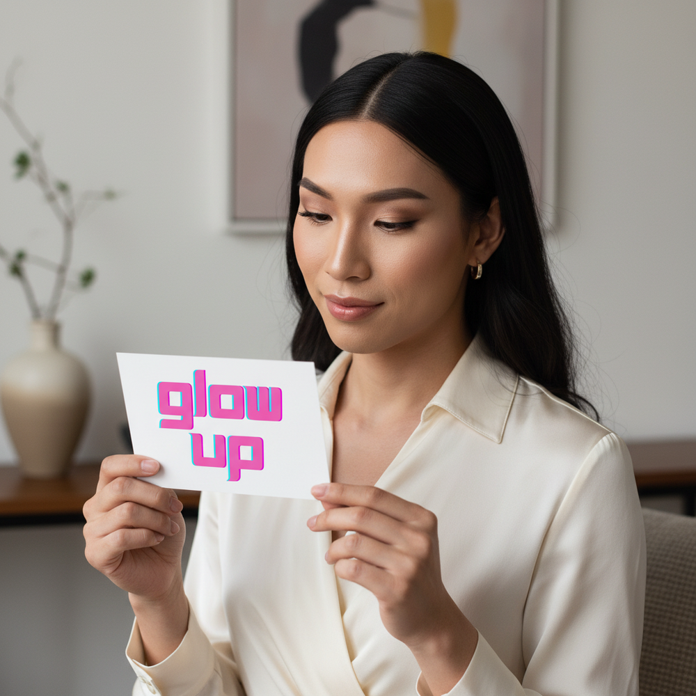 Glow Up Postcard with bold pink lettering, held by a person in a cream satin blouse