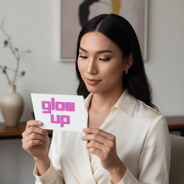 Glow Up Postcard with bold pink lettering, held by a person in a cream satin blouse