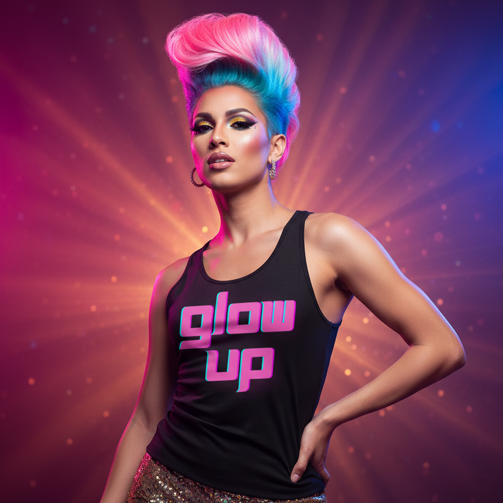 Model wearing a black tank top with bright pink-and-blue “glow up” lettering
