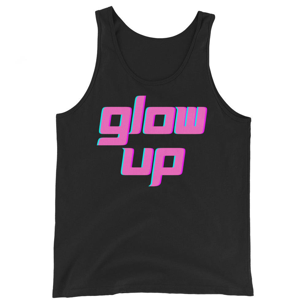 Front view of a black tank top with pink and turquoise “glow up” lettering