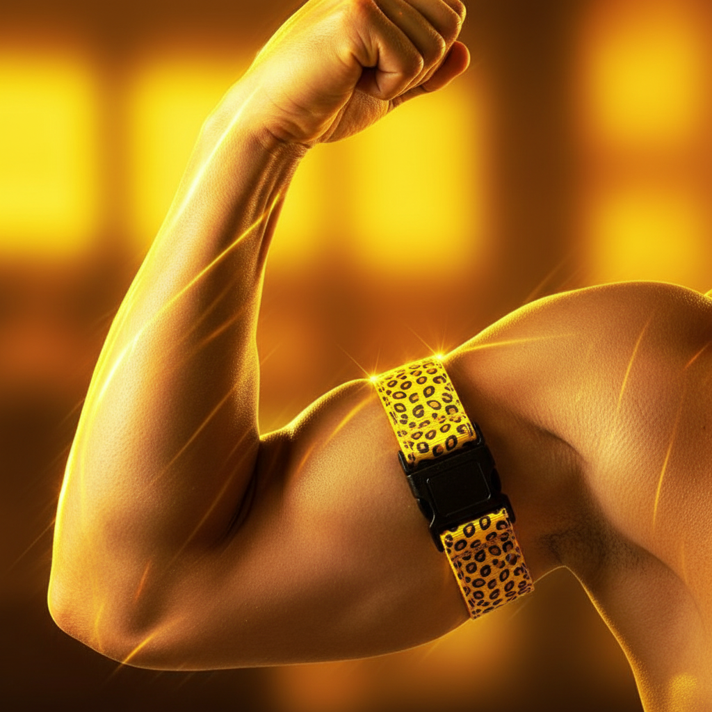 Close-up of a yellow leopard-print strap around a flexed upper arm