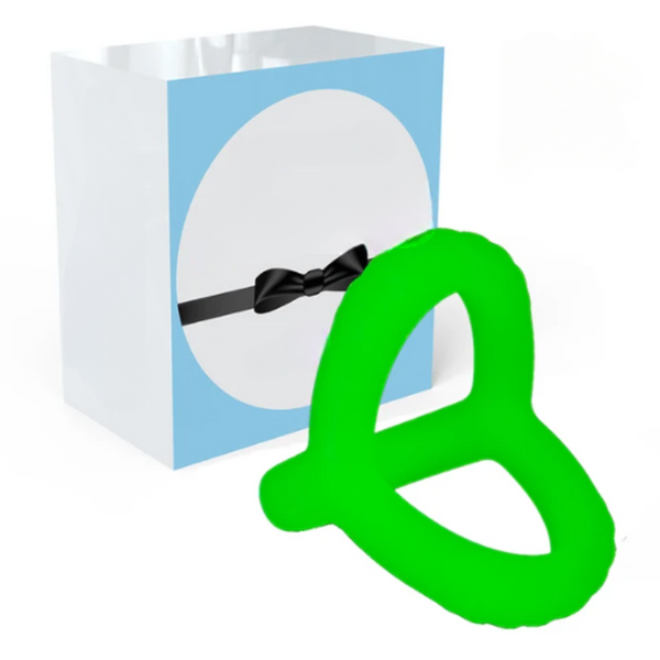 Bright green fluorescence penis ring displayed in front of a blue-and-white box