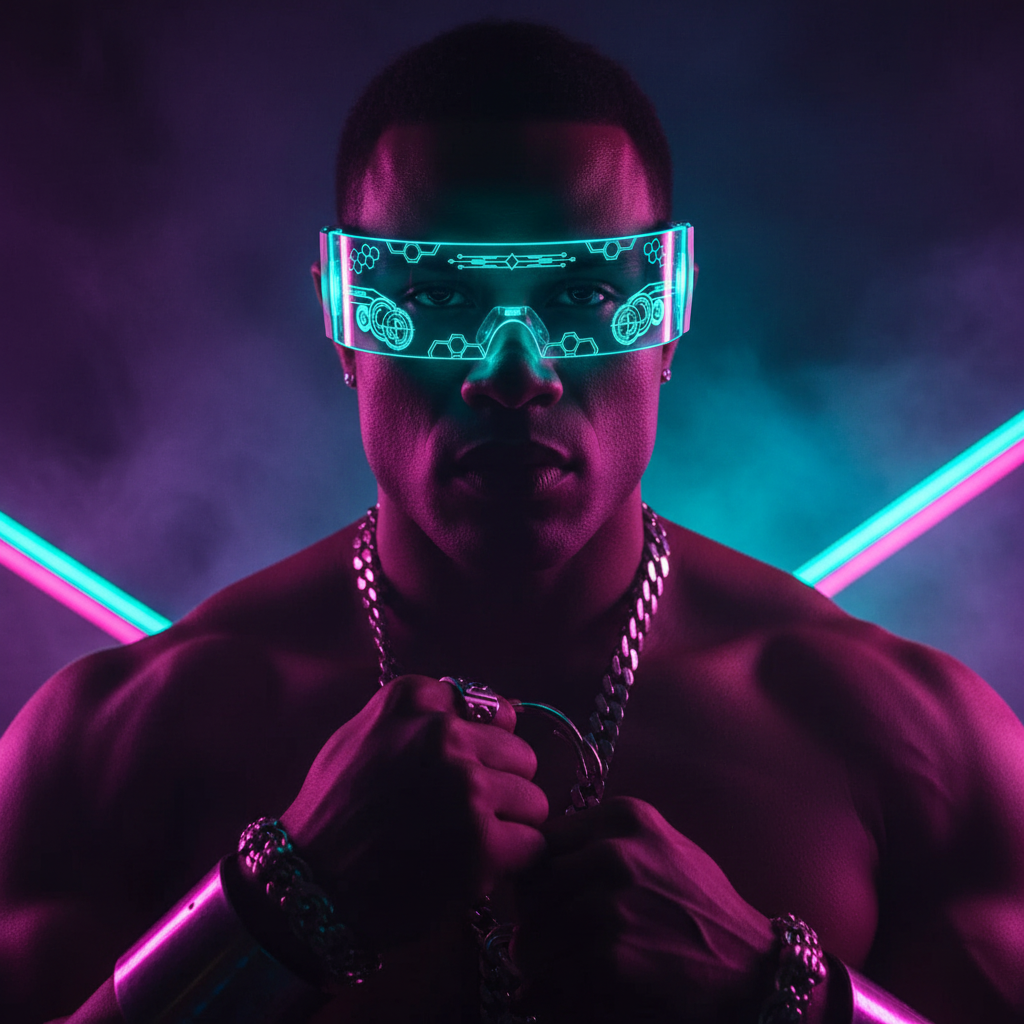 Muscular person in Glowing LED Rave Shades, set in vivid blue and pink light with chunky jewelry, metal accents