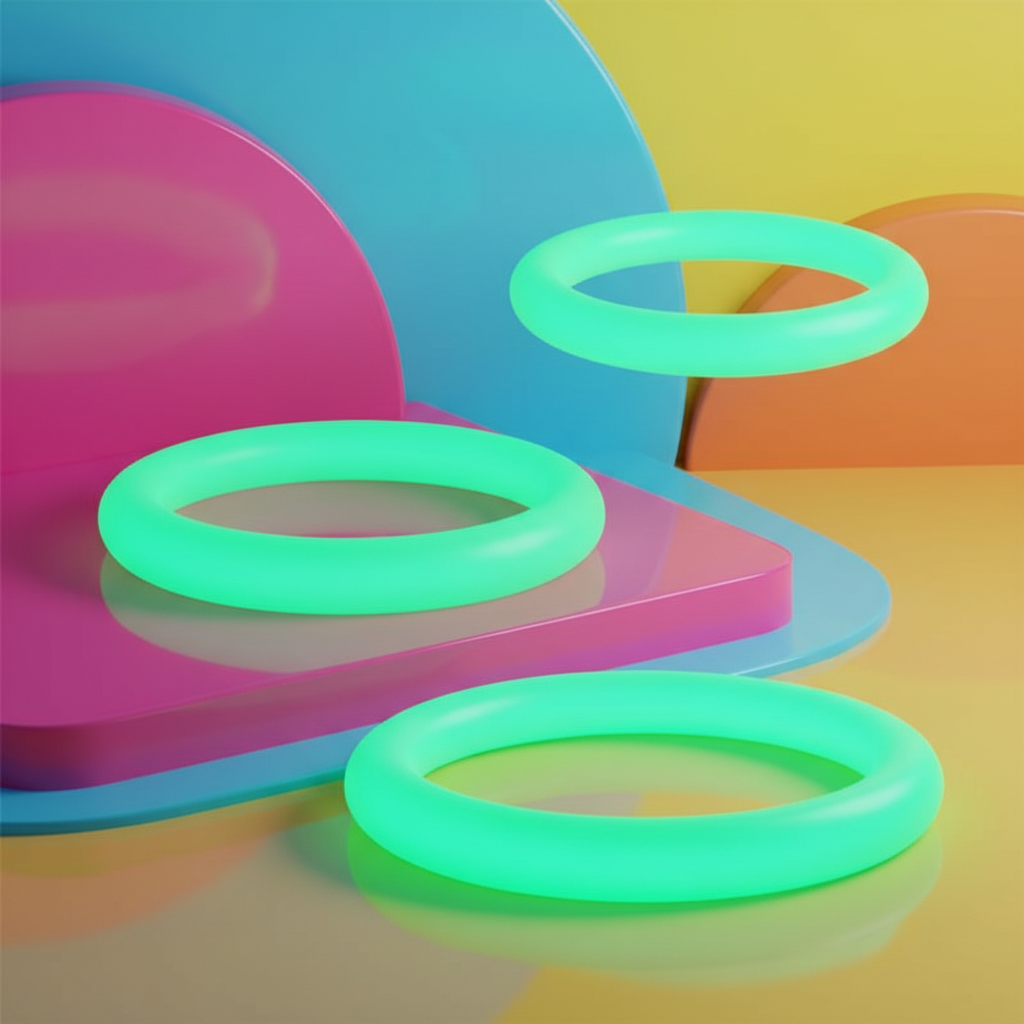 Three mint-green luminous cock rings arranged on colorful geometric blocks