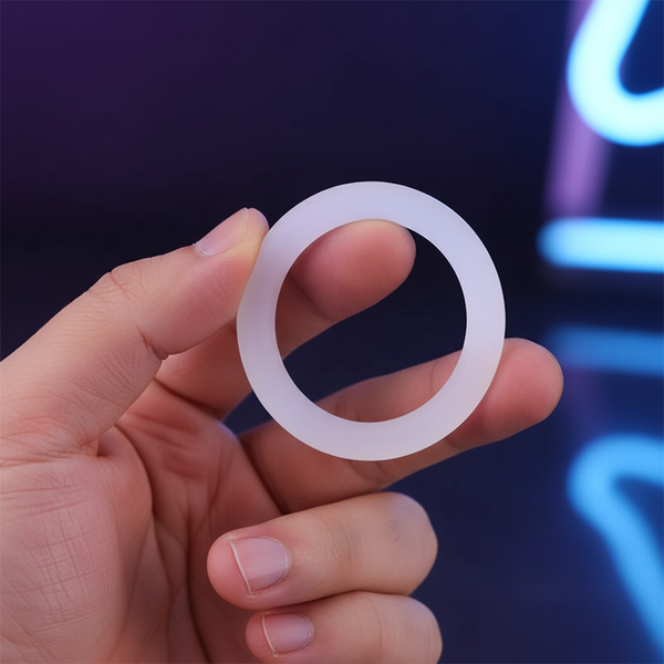 Hand holding a translucent white silicone penis ring against a dark neon-lit background