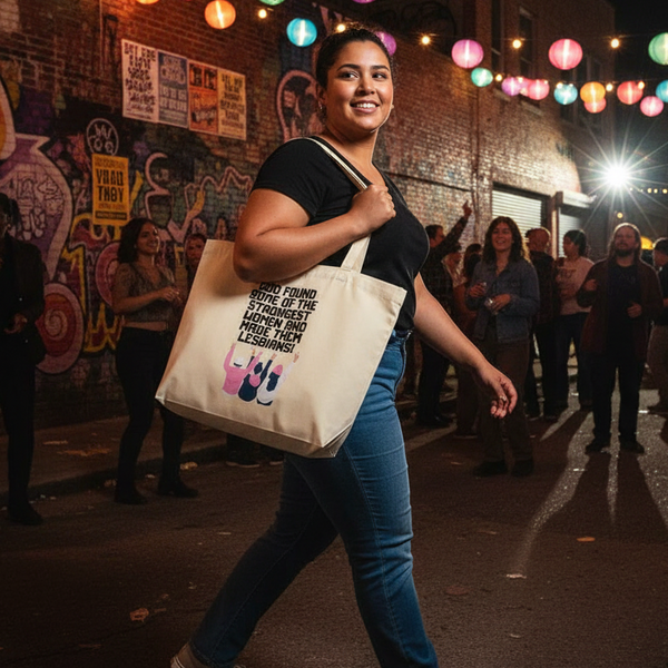 God Found The Strongest Women Large Organic Tote Bag features a bold slogan, carried confidently in a lively