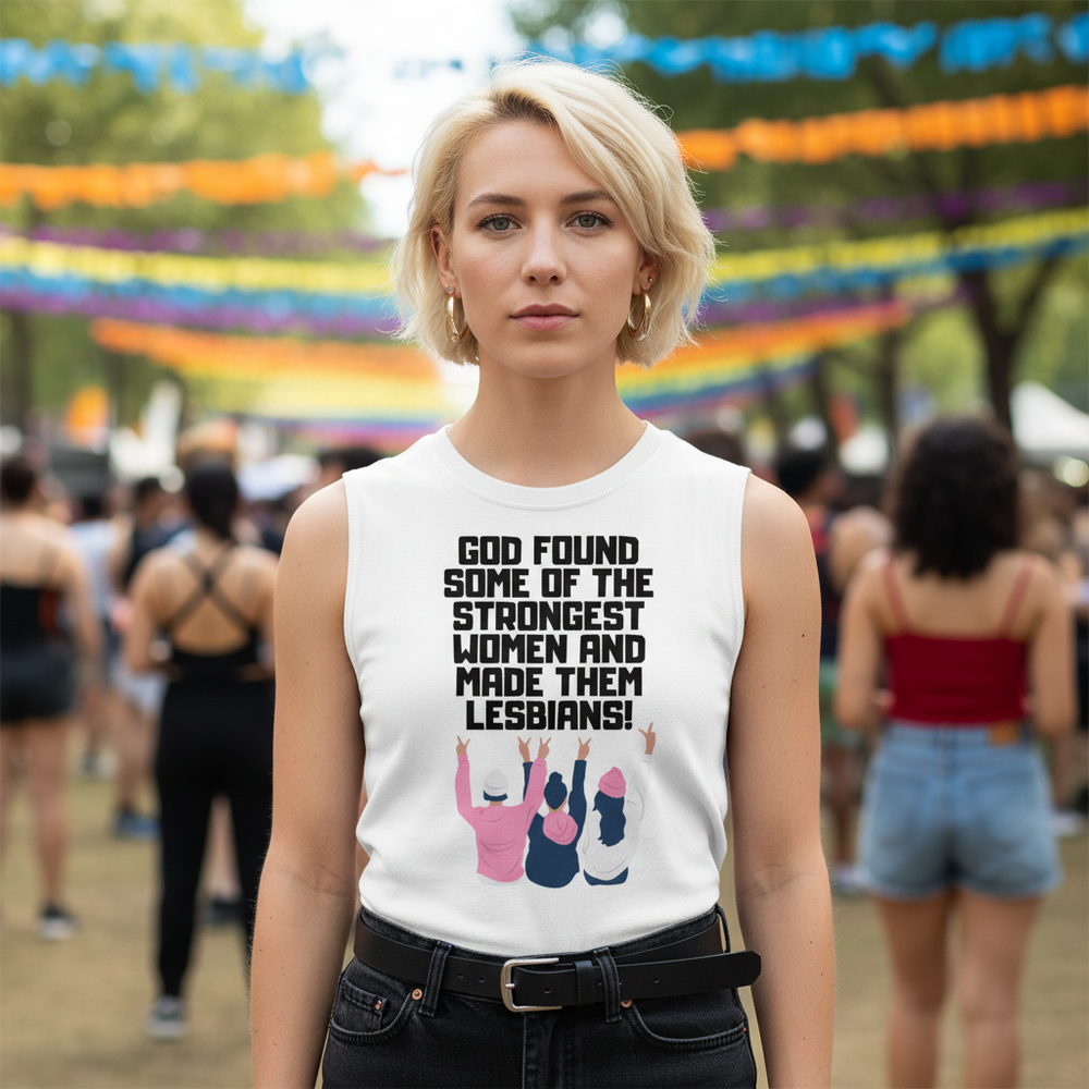 Sleeveless “God Found The Strongest Women” muscle top in a pride design, worn by a short-haired blond person