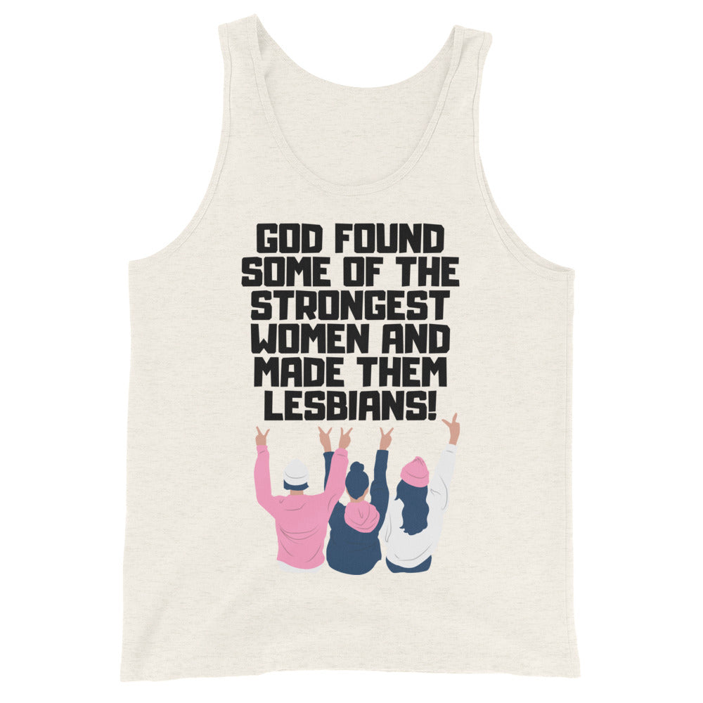 Cream tank top with bold text about strong women being lesbians and three illustrated figures