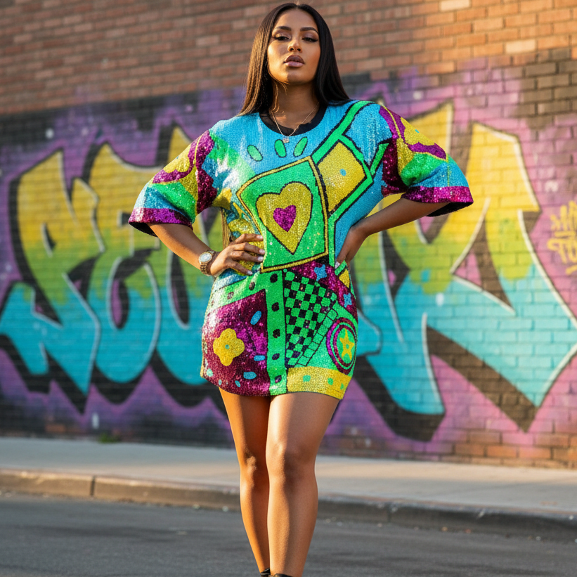 Model wearing a colorful sequin mini dress with a heart motif in front of graffiti