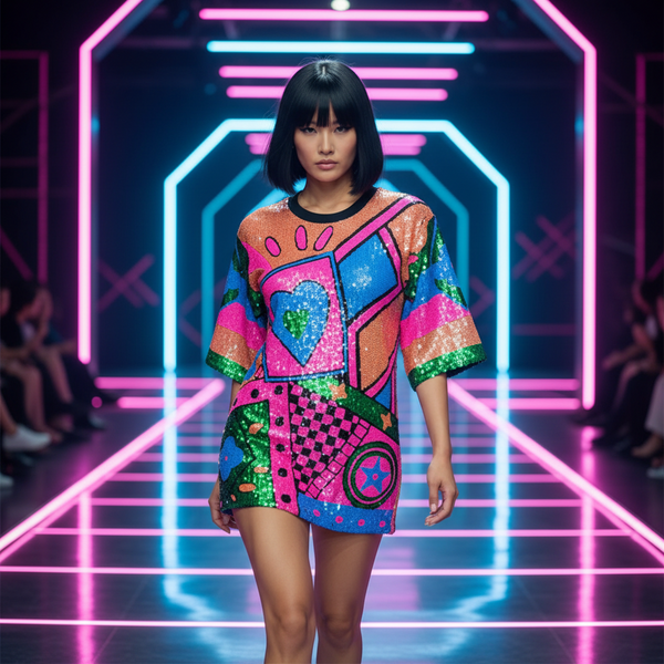 Model wearing a colorful sequin mini dress with graphic patchwork and short sleeves