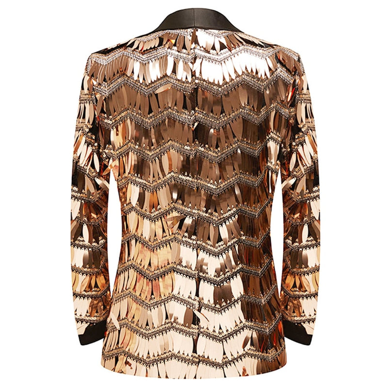 Back view of a long-sleeved jacket with a shimmering bronze and gold zigzag pattern