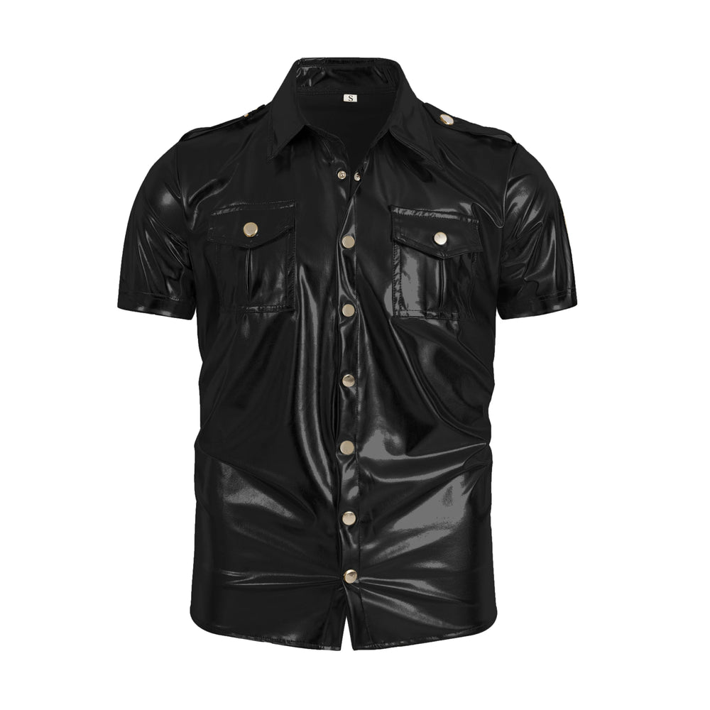 Front view of a black glossy short-sleeve shirt with gold-tone buttons and two chest pockets