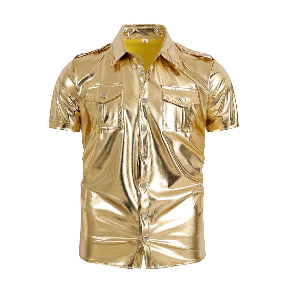 Front view of a metallic gold short-sleeve shirt with two flap pockets and snap buttons