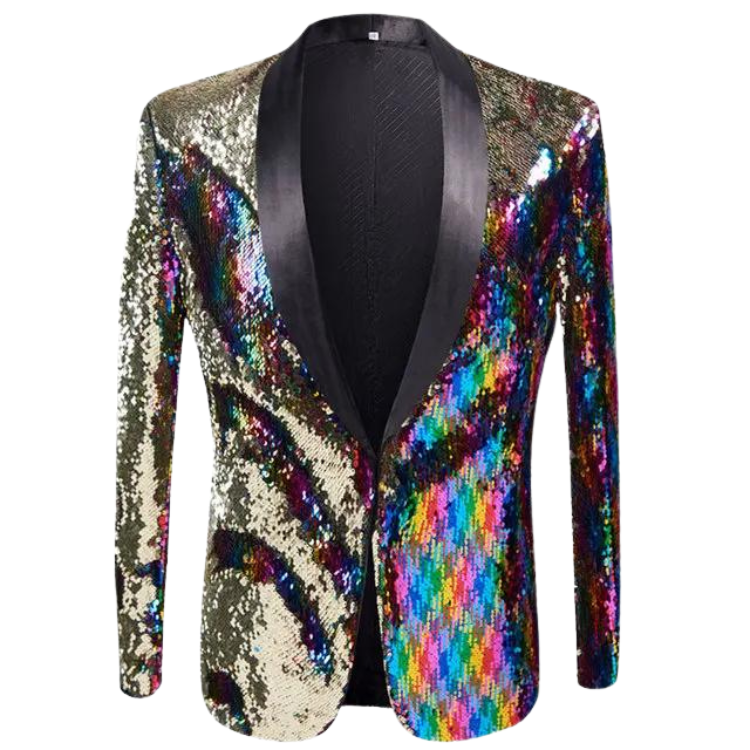 Front-view black-shawl-collar blazer covered in multicolored reflective sequins