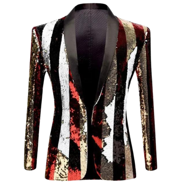 Front-facing black-lapel blazer with multicolored vertical sequin stripes on a white background