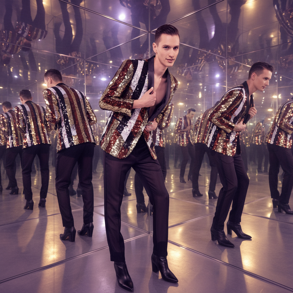 Person wearing a striped gold, bronze, silver, and black sequin blazer in a mirrored room
