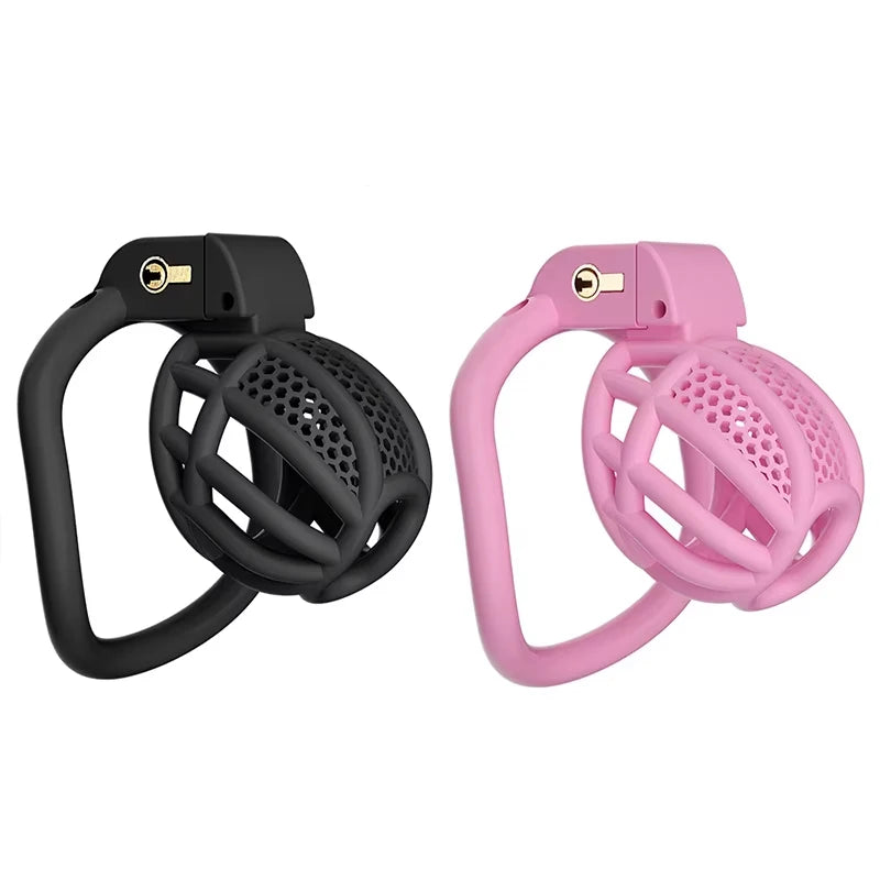 Two open-style chastity cages with honeycomb vents, shown in black and pink