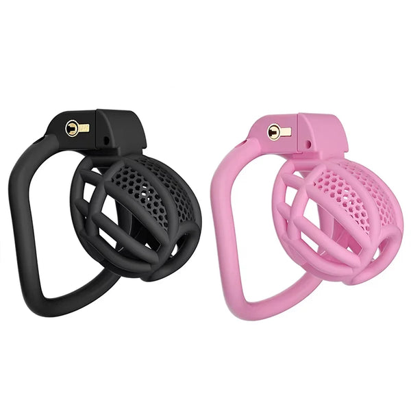 Two open-style chastity cages with honeycomb vents, shown in black and pink