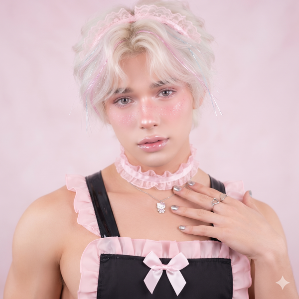 Close-up model wearing a pink-and-black maid outfit with ruffled lace headband and bow