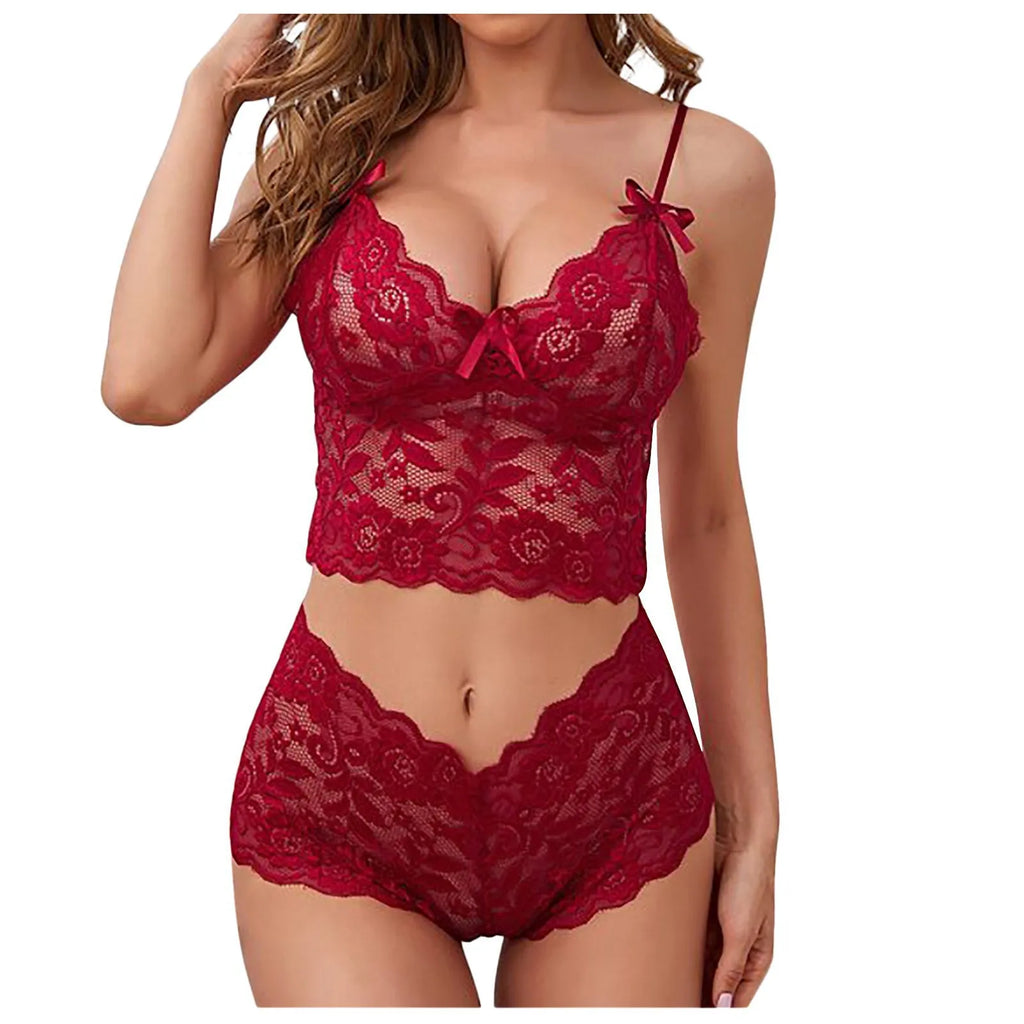 Model wearing a burgundy floral lace camisole and matching high-waisted briefs