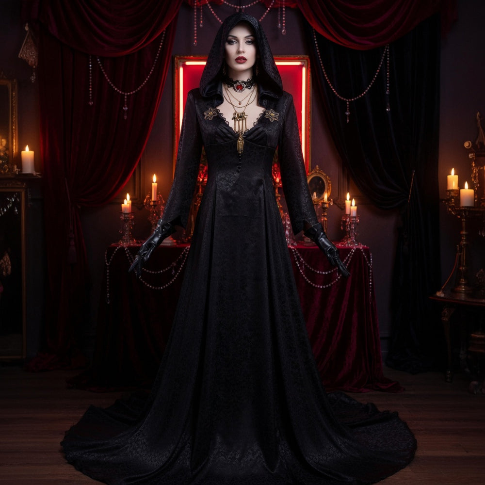 Front-view model wearing a long black hooded vampire dress with gloves