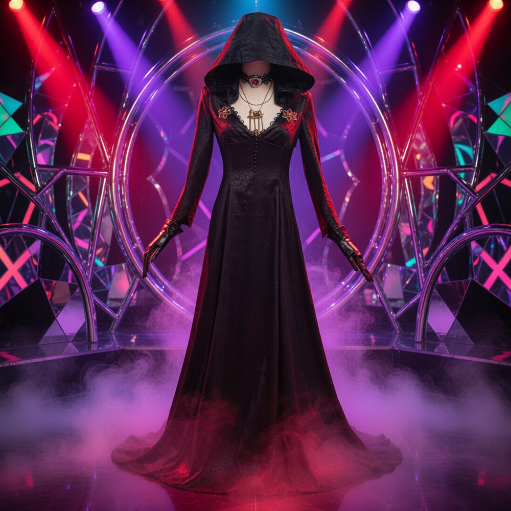 Headless mannequin in a Goth Vampire Dress Costume stands on a smoky stage with rainbow lights and metallic arches