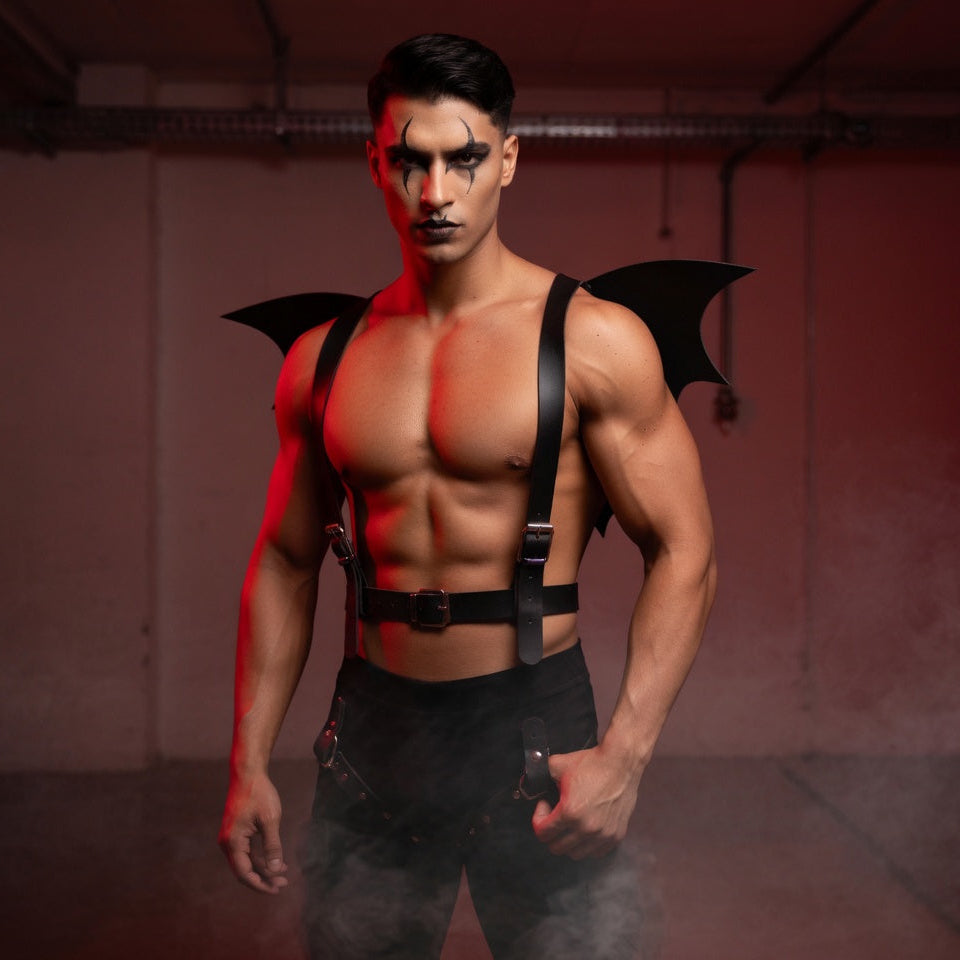 Front-facing model wearing a black leather harness with bat-wing panels