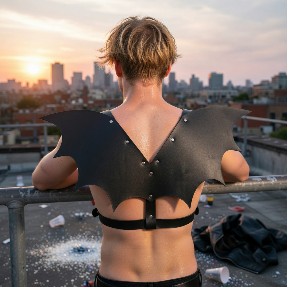 Rear view of a person wearing a black bat-wing harness on a rooftop at sunset