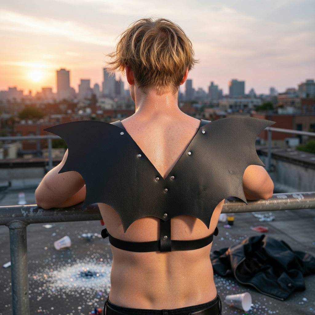 Rear view of a person wearing a black bat-wing harness on a rooftop at sunset