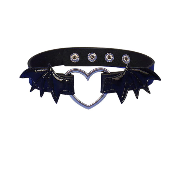 Front-facing black choker with bat wings and a silver heart-shaped centerpiece
