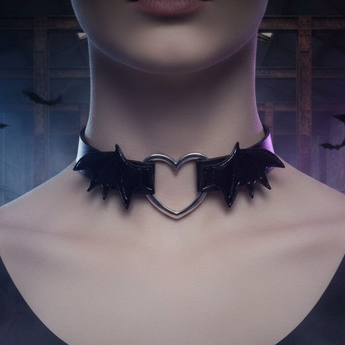 Close-up of a black choker with bat-wing sides and a silver heart-shaped center ring
