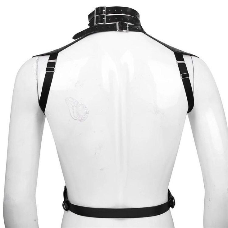 Rear view of a black leather chest harness with a double collar and waist strap on a mannequin
