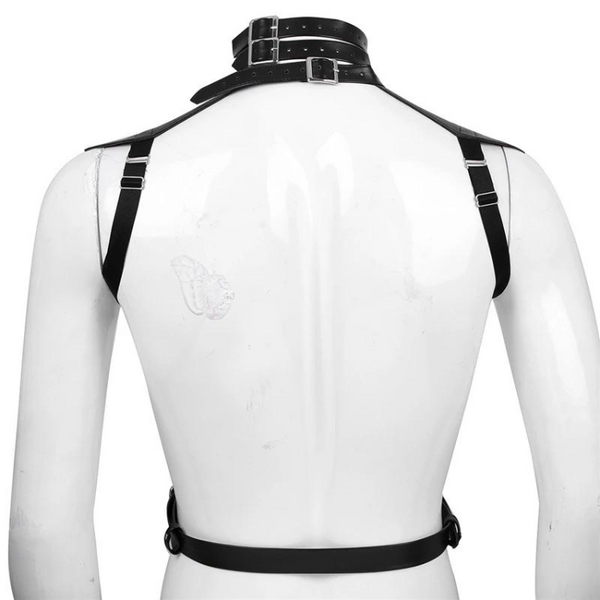 Rear view of a black leather chest harness with a double collar and waist strap on a mannequin