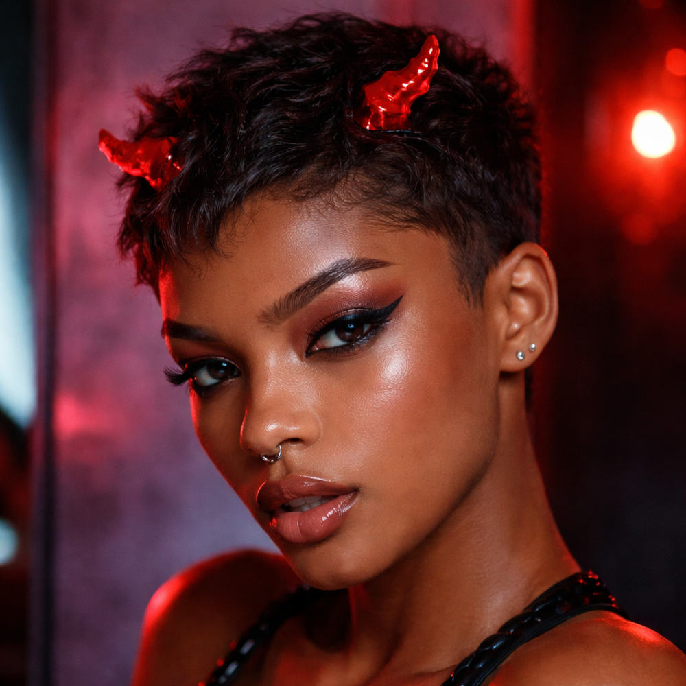 Close-up model wearing glossy red devil horns in short dark hair