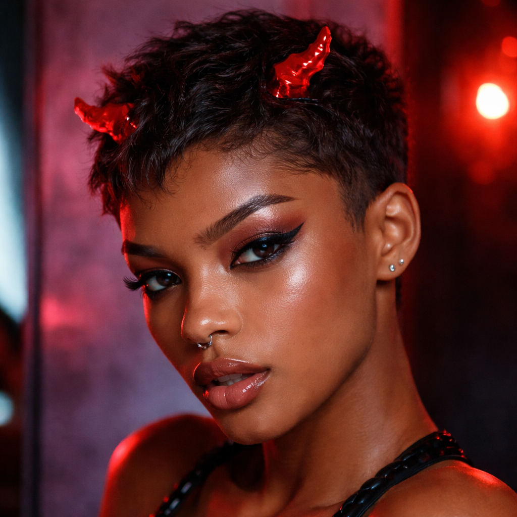Close-up model wearing glossy red devil horns in short dark hair