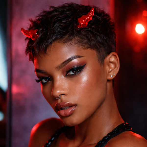 Close-up model wearing glossy red devil horns in short dark hair