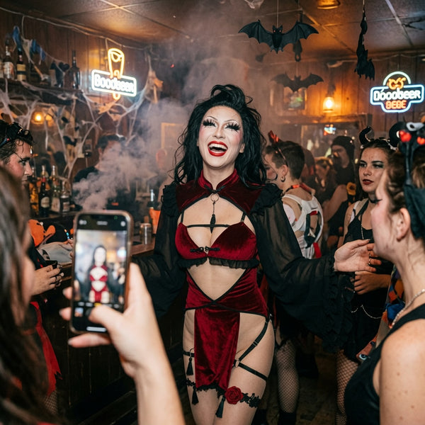 Model wearing a red velvet gothic costume with black sheer sleeves at a Halloween party