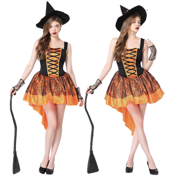 Black and orange lace-up witch costume with witch hat, gloves, and riding crop