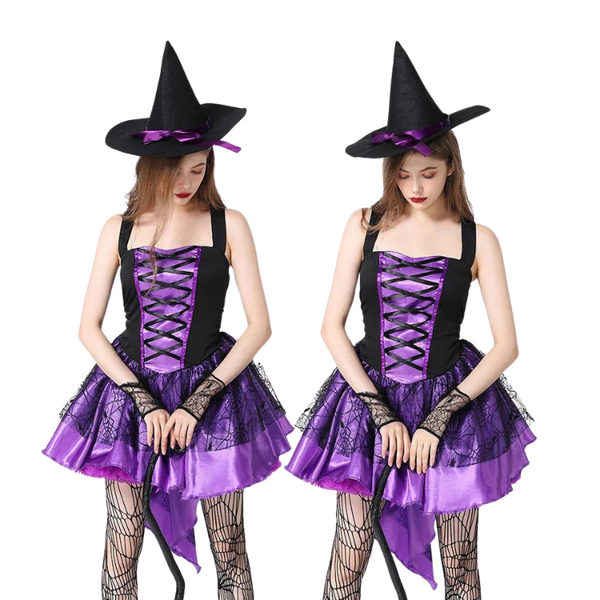 Two models wearing black and purple lace-up witch costumes with pointed hats and layered skirts