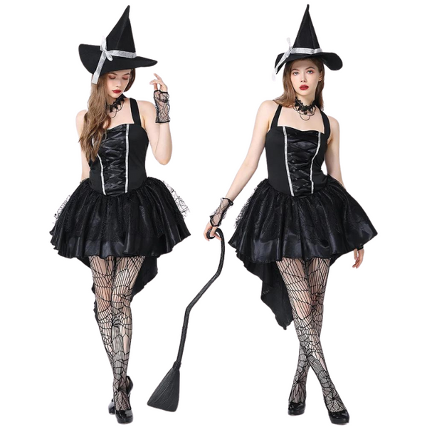 Two models wearing black lace-up witch costumes with tutu skirts, pointed hats and spiderweb tights