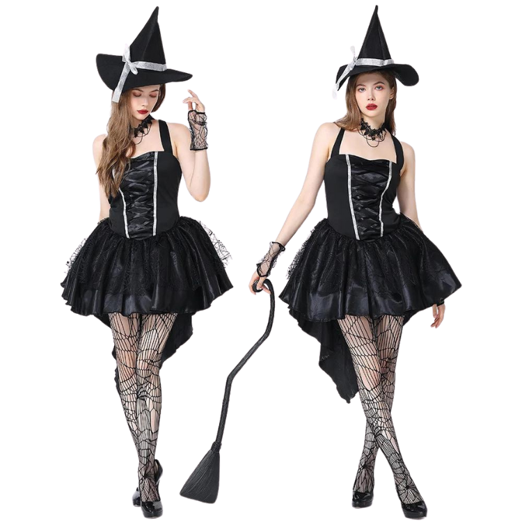 Two models wearing black lace-up witch costumes with tutu skirts, pointed hats and spiderweb tights