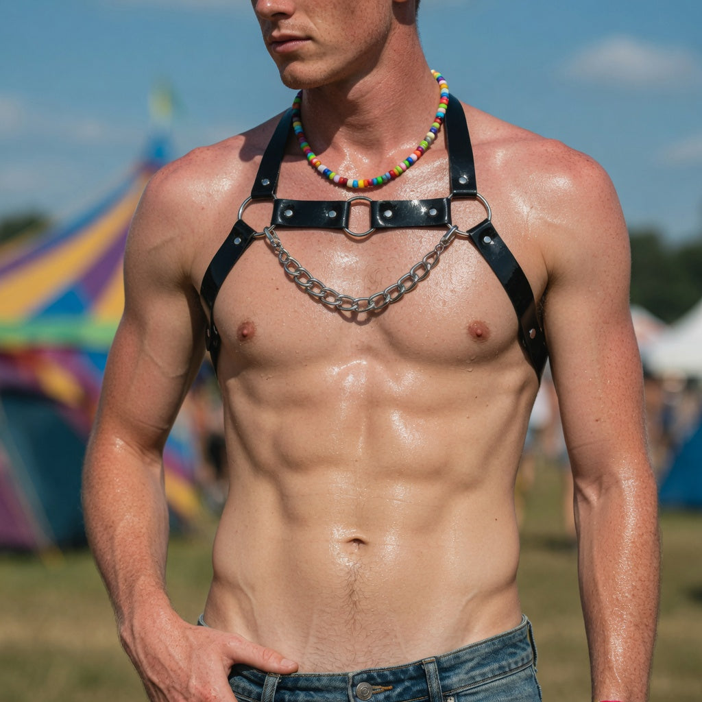 Close-up of a shirtless model wearing a black leather chest harness with a chain detail