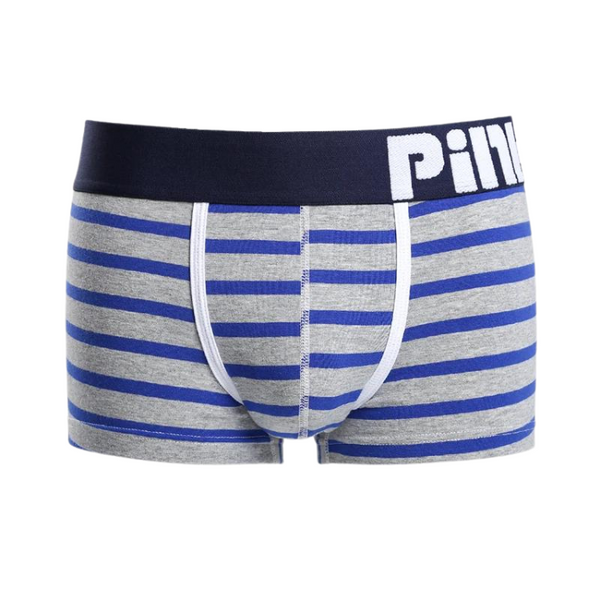 Gray boxer briefs with horizontal blue stripes, white trim, and a navy waistband