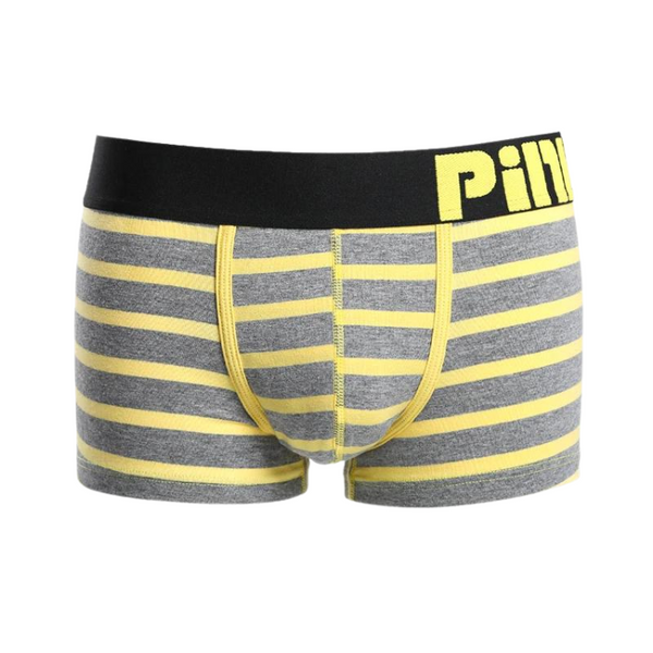 Gray boxer briefs with horizontal yellow stripes and black waistband with yellow lettering