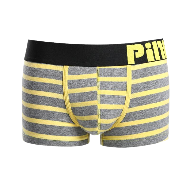 Gray boxer briefs with horizontal yellow stripes and black waistband with yellow lettering