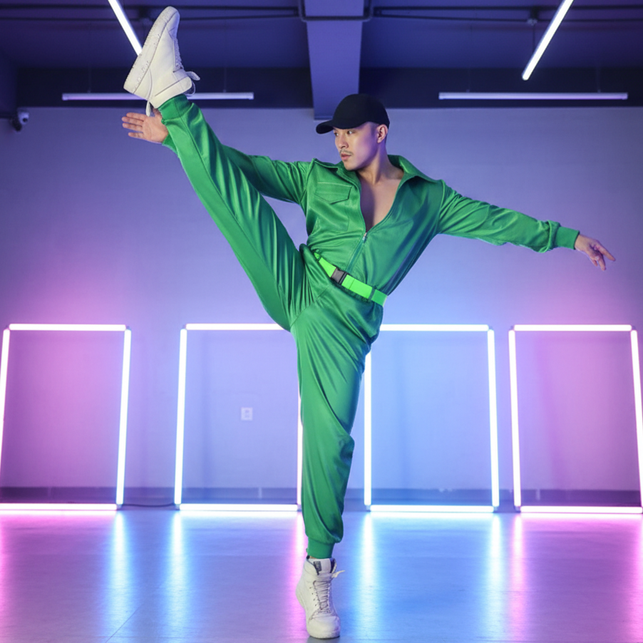Dancer in a green zip-front jumpsuit and white sneakers performs a high kick in a neon-lit studio