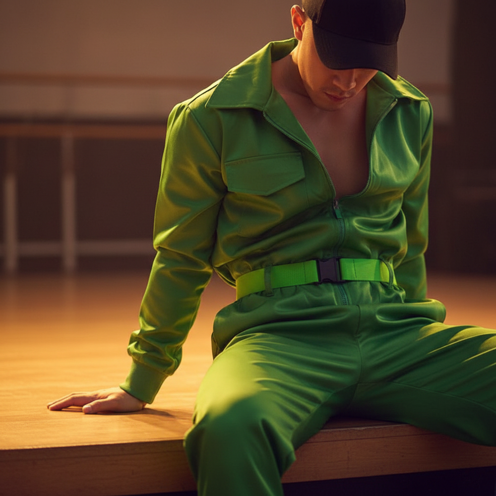Model seated on a wooden floor wearing a shiny green zip-front jumpsuit and cap