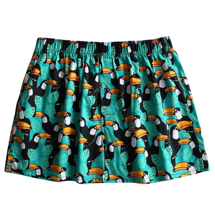 Turquoise toucan-print boxers with black elastic waistband and button fly